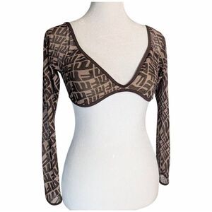 White Fox Signature Brown & tan mesh low cut long sleeve crop top womens S